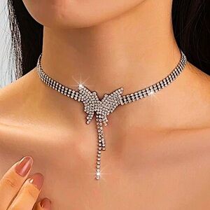Butterfly Crystal Tassel Choker Rhinestone Necklace